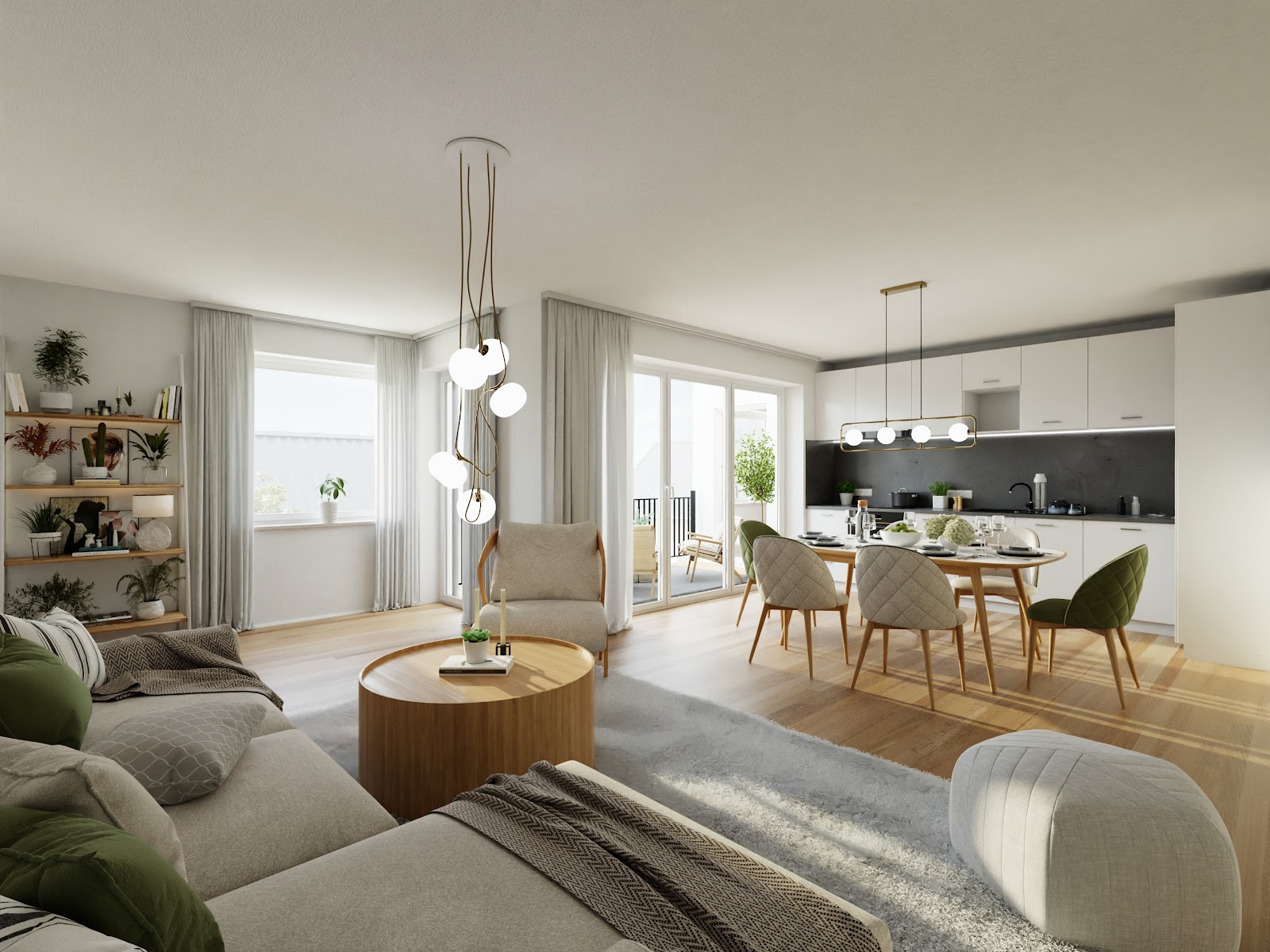 Einblick Wohnzimmer mit offener Küche_Visualisierung2
